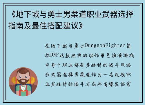 《地下城与勇士男柔道职业武器选择指南及最佳搭配建议》